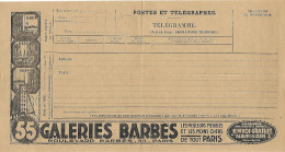 Télégramme Postes Et TELEGRAPHES - Formule 1392-25 - Publicité GALERIES BARBES - Non écrite - Meubles - Telegrafi E Telefoni