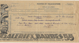 Télégramme Postes Et TELEGRAPHES - Formule 1392-25 - Publicité GALERIES BARBES - Meubles - Telegraph And Telephone