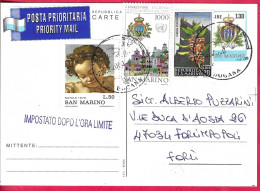 SAN MARINO -CARTOLINA POSTALE (INT. 40) SPEDITA PER POSTA PRIORITARIA *22.2.2000*- TIMBRO IMPOSTATO DOPO L'ORARIO LIMITE - Postwaardestukken