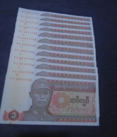 MYANMAR BURMA, P 67 , 1 Kyat , 1990 , AU UNC  Presque Neuf , 12 Notes - Myanmar