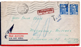 64917 - Frankreich - 1952 - 2@15F Gandon A LpBf PARIS -> DDR, M 20Pfg Nachporto - Briefe U. Dokumente