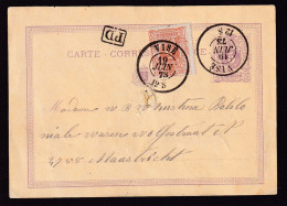 DDEE 028 -- Entier Lion Couché + TP Dito Double Cercle VISE 1873 Vers MAASTRICHT - RARE Tarif PRE-UPU - Postcards 1871-1909