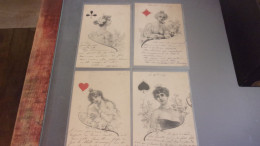 ILLUSTRATEUR SERIE DE 4 DAME DE COEUR PIQUE CARREAU TREFLE CIRCULEE 1902 - Spielkarten