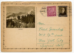 Czechoslovakia 1937 Uprated 1.20k President Masaryk Postal Card, Illustrated - Tatry; Prague To New York City, U.S. - Postcards
