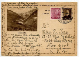 Czechoslovakia 1935 Uprated 1.20k President Masaryk Postal Card, Illustrated - Krkonoše; Mariánské Lázně To NYC, U.S. - Postcards