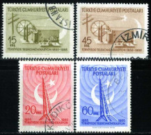 Türkiye 1955 Mi 1436-1439 The Centenary Of The Telecommunication In Türkiye | Telegraph, Crescent (Moon) - Used Stamps