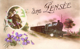 TRAINS - Locomotive  - Militaire - Fleur Violette - Une Pensée - Edition LUX - Carte Postale Ancienne - Eisenbahnen