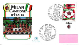 ITALIA- 1988 MILANO MILAN Campione Italia Calcio Su Busta Fdc Filagrano Viaggiata, Francobollo Con Appendice Milan -4210 - Clubs Mythiques