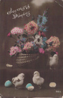 Pâques - Panier De Fleurs Et Trois Poussins - Carte Postale Ancienne - Easter