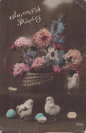 Pâques - Panier De Fleurs Et Trois Poussins - Carte Postale Ancienne - Pâques