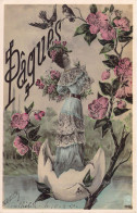 PAQUES - Femme Dans Une Coquille D'oeuf - Fleur - Joyeuses Pâques - Carte Postale Ancienne - Pâques