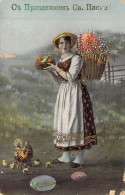 PAQUES - Femme Qui Porte Un Panier Sur Son Dos - Joyeuses Pâques - Carte Postale Ancienne - Pasen