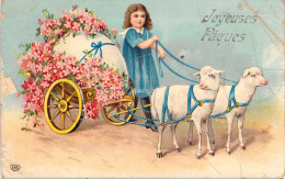 Pâques - Fillette Pilote Un Chariot Tiré Par 2 Moutons - Carte Postale Ancienne - Easter