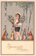 Pâques - Petit Marin Porte Des Bouquets De Fleurs Entouré De Lapins - Illustration - Carte Postale Ancienne - Easter