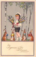 Pâques - Petit Marin Porte Des Bouquets De Fleurs Entouré De Lapins - Illustration - Carte Postale Ancienne - Pâques