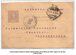 CA679- COVERAUCTION!!- PORTUGAL -1895-1905 - USED ENTIRE. 20 REIS. LISBOA 30-3-1906 TO BARRANQUILLA-COLOMBIA ABR-23-1906 - Briefe U. Dokumente