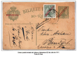 CA680- COVERAUCTION!!!- PORTUGAL -1910 - SC#: - USED POSTCARD FROM LISBOA 22-JUL-1911 TO GERMANY. - Covers & Documents