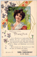 Fantaisie - Femme à La Robe Rouge - Fleurs Violettes - Illustration - Carte Postale Ancienne - Mujeres