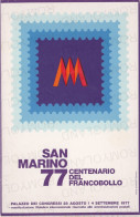 CARTOLINA  SAN MARINO-77 CENTENARIO DEL FRANCOBOLLO-PALAZZO DEI CONGRESSI 28 AGOSTO/4 SETTEMBRE 1977-NON VIAGGIATA - San Marino