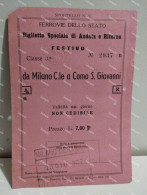 Italy Italia Railway Ticket Biglietto Giornaliero Ferrovie Milano Centrale - Como S. Giovanni. 1937 - Europa