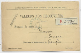 ROMANIA ROUMANIE LETTRE COVER VALEURS NON RECOUVREES REC CARACAL 6 SEPT 1897 TO GENEVE SUISSE - Storia Postale