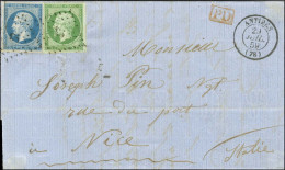 PC 93 / N° 12 (infime Froissure D'origine) + N° 14 Càd T 15 ANTIBES (78) Sur Lettre Pour Nice Au Tarif Frontalier Pour L - 1853-1860 Napoléon III