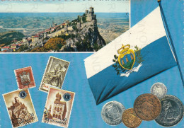 CARTOLINA  REPUBBLICA SAN MARINO-PANORAMA-LA BANDIERA NAZIONALE-BOLLO STACCATO,VIAGGIATA 1966 - San Marino