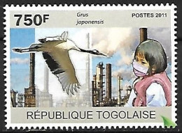 Togo - MNH ** 2011 :    Air Polution And Birds :    Red-crowned Crane   - Grus Japonensis - Cranes And Other Gruiformes