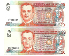 PHILIPPINES   ERREUR  & CHANGEMENT De Signature  Sur Le 20 Piso 1999  Billet Pr. Neufs - Philippines