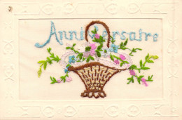 FANTAISIE - Brodée - Anniversaire - Panier - Fleurs - Carte Postale Ancienne - Embroidered