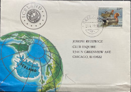 ICELAND 1990, MAP, GLOBE ILLUSTRATE, COVER USED TO USA VIGNETTE X CROSS LABEL, DUCK IN WATER STAMP, REYKJAVIK CITY CANCE - Briefe U. Dokumente