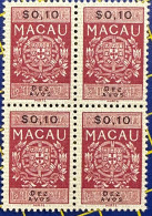 MACAU 1968 REVENUE TAX STAMPS 10 AVOS,  BLOCK OF 4, WITH ORIGINAL GUM VERY FINE - Lettres & Documents