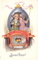 PAQUES - Deux Enfants Se Proménent En Voiture - Poussin - Coeur - Joyeuses Pâques - Carte Postale Ancienne - Pascua