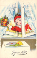 FETES & VOEUX - NOEL - Fillette à Sa Fenêtre Avec Son Bouquet De Fleur - Lettres - Joyeux Noel - Carte Postale Ancienne - Other & Unclassified