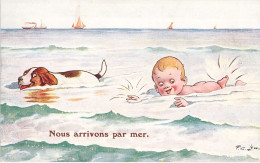 HUMOUR - Nous Arrivons Par Mer - Enfant Et Chien Nagent - Bateau - Carte Postale Ancienne - Humour