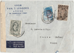 GRECE-N°524B+557+567 /Lettre Censurée -PAR AVION ATHENES Pour COURS(Rhône) - Cartas & Documentos