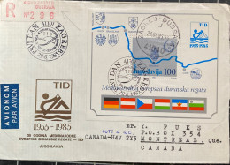 YUGOSLAVIA 1985, COVER USED TO USA VIA CANADA, MINIATURE SHEET, METER CANCEL ADD, 6 DIFF COUNTRY FLAG, ZAGREB - DUBRAVA - Covers & Documents