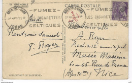 CP  Pour Archiviste Municipale Musee MASSENA NICE Flamme Krag " GRENOBLE - GARE - Isere " 1939 Cigarettes Celtiques - Other & Unclassified