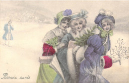 FANTAISIE - Bonne Année - Femmes - Neige - Homme - Carte Postale Ancienne - Femmes