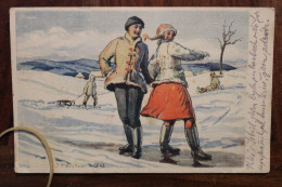 AK 1923 Illustrateur Couple Neige Radost Mládí V Zimé Freude Der Jugend Im Winter Hiver Zensur Censure - Storia Postale