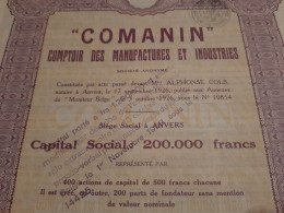 COMANIN - Comptoir Des Manufactures Et Industries - Part De Fondateur - Anvers 1926. - Industry