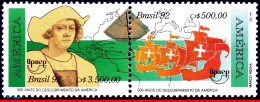 Ref. BR-2361A BRAZIL 1992 - DISCOVERY AMERICA, SKIPS,VASCO DA GAMA,UPAEP,MI# 2466-67,SET MNH, HISTORY 2V Sc# 2360-2361 - Explorateurs