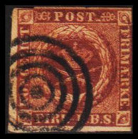 1851. DANMARK. 4 R.B.S. Chocolate-brown. Ferslew Print. Mute Cancel. Fine Shade.   (Michel 1I) - JF531130 - Gebraucht