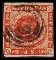 1854. DANMARK 4 Skilling Cancelled With Nummeral Cancel  - JF531138 - Used Stamps