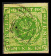 1857. DANMARK. Dotted Spandrels. 8 Skilling Green. Nummeral Cancel 1.  (Michel 5) - JF531140 - Gebraucht