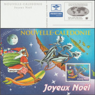 Nouvelle-Calédonie 1997. Entier Postal, Joyeux Noël. Père Noël Sur Une Planche Tirée Par Des Dauphins, Lune Décatie - Dauphins