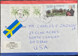 SWEDEN 1989, COVER USED TO USA, VIGNETTE LABEL,QUEEN PORTRAIT, 4 STAMP, BISHOP HILL, PAINTER, BUILDING, LEAVES, TORN CIT - Covers & Documents