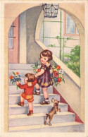ENFANTS - Filles - Dessin D'enfant - Chien - Fleurs - Carte Postale Ancienne - Children's Drawings