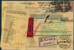 1918, Eil - Paketkarte Aus ZWICKAU  Mit Germania-Frankatur, Diese Mit Firmenocj "K Z" - Cartas & Documentos