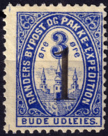 DANEMARK / DENMARK - 1887 - RANDERS Local Post 1 On 3 øre Blue Letterpress O/P - No Gum -b - Local Post Stamps